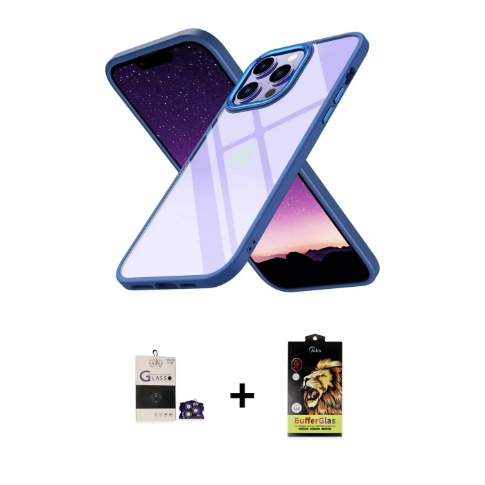 MARSİLYAN™- iPhone 14 Pro Max Kılıf Nova Işık Serisi - Siyah Buffer Cam Ekran Koruyucu + Gümüş Bilvis Titan Kamera Lens