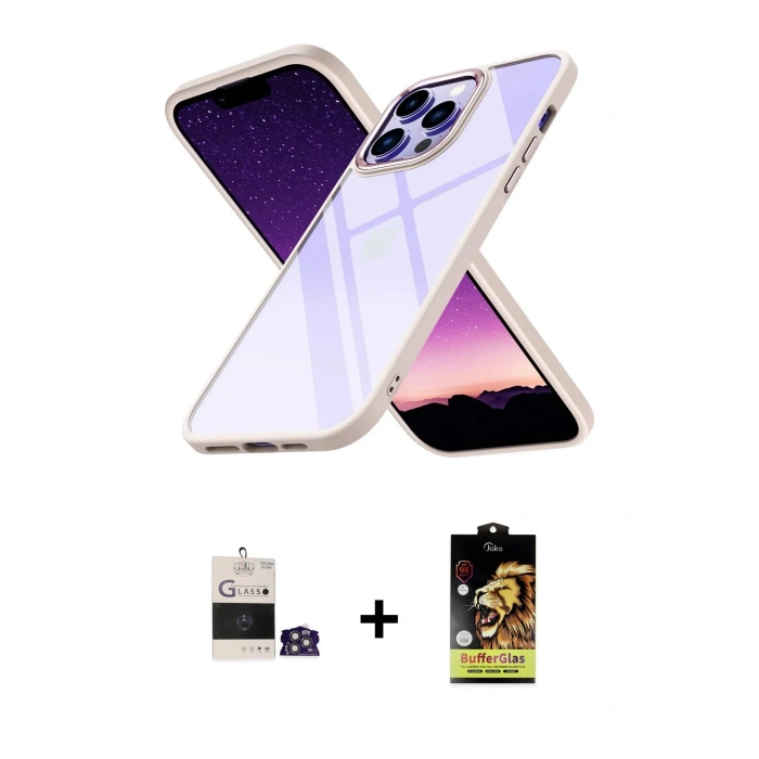 MARSİLYAN™- iPhone 14 Pro Max Kılıf Nova Işık Serisi - Siyah Buffer Cam Ekran Koruyucu + Gümüş Bilvis Titan Kamera Lens
