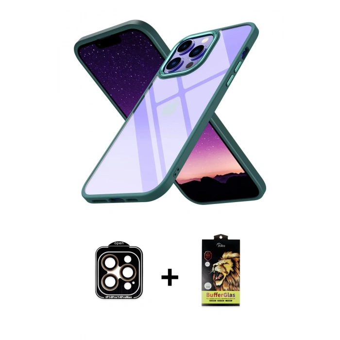 MARSİLYAN™- iPhone 14 Pro Max Kılıf Nova Işık Serisi - Siyah Buffer Cam Ekran Koruyucu + PVD Metal Kamera Lens - TU