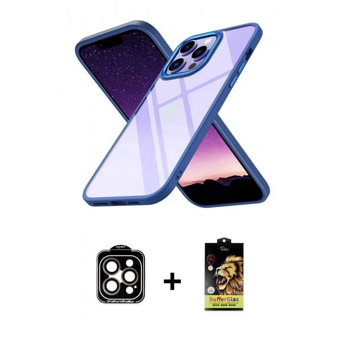 MARSİLYAN™- iPhone 14 Pro Max Kılıf Nova Işık Serisi - Siyah Buffer Cam Ekran Koruyucu + PVD Metal Kamera Lens - TU