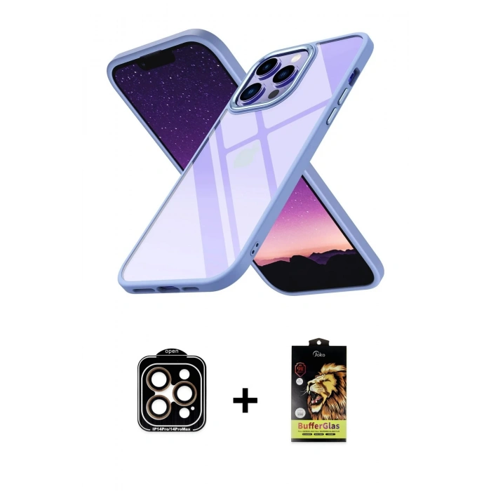 MARSİLYAN™- iPhone 14 Pro Max Kılıf Nova Işık Serisi - Siyah Buffer Cam Ekran Koruyucu + PVD Metal Kamera Lens - TU