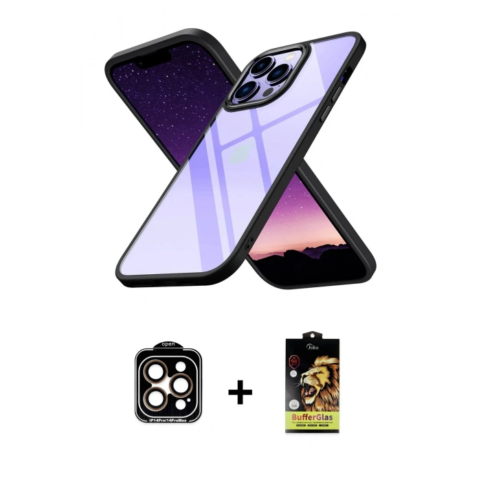 MARSİLYAN™- iPhone 14 Pro Max Kılıf Nova Işık Serisi - Siyah Buffer Cam Ekran Koruyucu + PVD Metal Kamera Lens - TU
