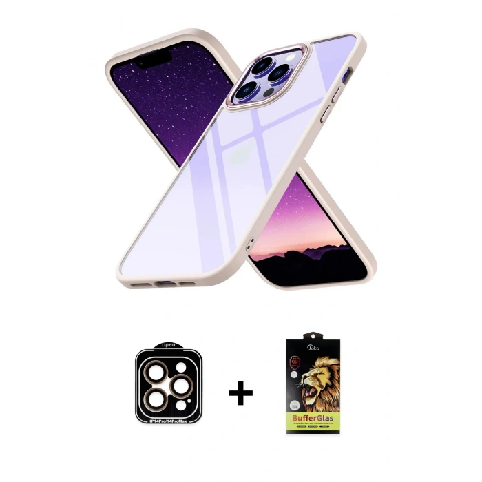 MARSİLYAN™- iPhone 14 Pro Max Kılıf Nova Işık Serisi - Siyah Buffer Cam Ekran Koruyucu + PVD Metal Kamera Lens - TU