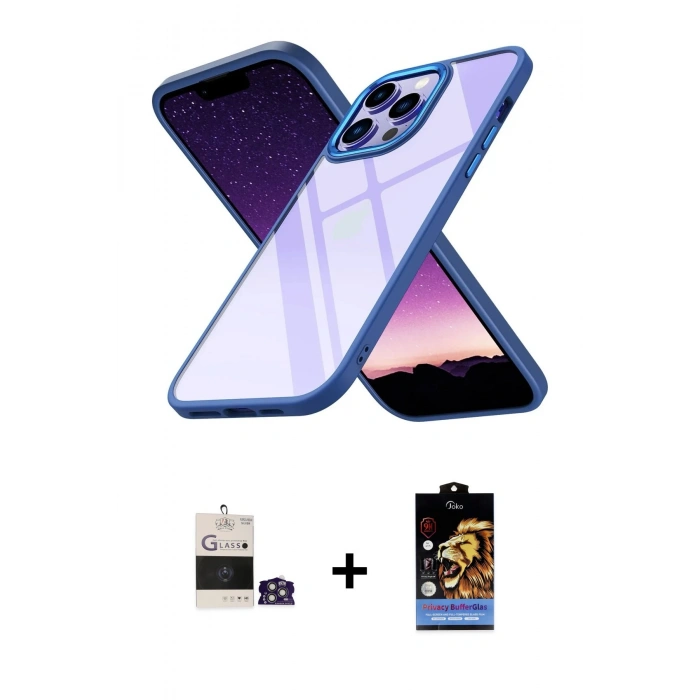 MARSİLYAN™- iPhone 14 Pro Max Kılıf Nova Işık Serisi - Siyah Buffer Hayalet Cam Ekran Koruyucu + Bilvis Titan Kamera Lens - GS