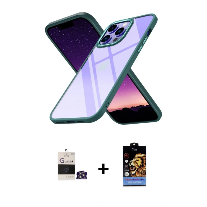 MARSİLYAN™- iPhone 14 Pro Max Kılıf Nova Işık Serisi - Siyah Buffer Hayalet Cam Ekran Koruyucu + Bilvis Titan Kamera Lens - GS