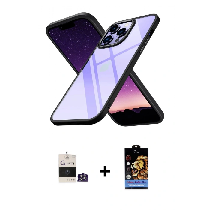 MARSİLYAN™- iPhone 14 Pro Max Kılıf Nova Işık Serisi - Siyah Buffer Hayalet Cam Ekran Koruyucu + Bilvis Titan Kamera Lens - GS
