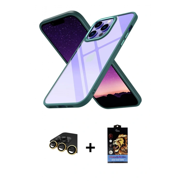 MARSİLYAN™- iPhone 14 Pro Max Kılıf Nova Işık Serisi - Siyah Buffer Hayalet Cam Ekran Koruyucu + Raze Metal Kamera Lens - GD