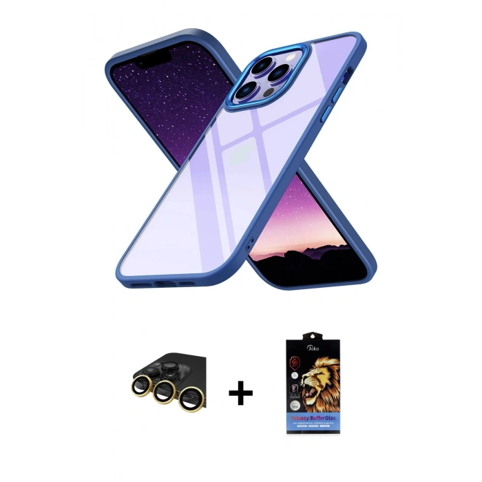 MARSİLYAN™- iPhone 14 Pro Max Kılıf Nova Işık Serisi - Siyah Buffer Hayalet Cam Ekran Koruyucu + Raze Metal Kamera Lens - GD
