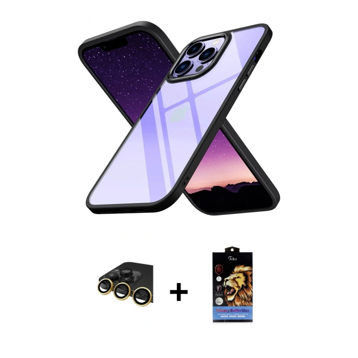 MARSİLYAN™- iPhone 14 Pro Max Kılıf Nova Işık Serisi - Siyah Buffer Hayalet Cam Ekran Koruyucu + Raze Metal Kamera Lens - GD