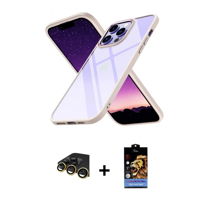 MARSİLYAN™- iPhone 14 Pro Max Kılıf Nova Işık Serisi - Siyah Buffer Hayalet Cam Ekran Koruyucu + Raze Metal Kamera Lens - GD