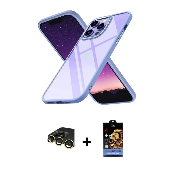 MARSİLYAN™- iPhone 14 Pro Max Kılıf Nova Işık Serisi - Siyah Buffer Hayalet Cam Ekran Koruyucu + Raze Metal Kamera Lens - GD