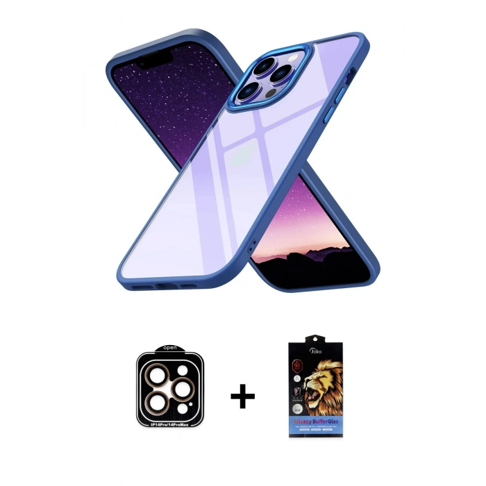 MARSİLYAN™- iPhone 14 Pro Max Kılıf Nova Işık Serisi - Siyah Buffer Hayalet Cam Ekran Koruyucu + PVD Metal Kamera Lens - TU