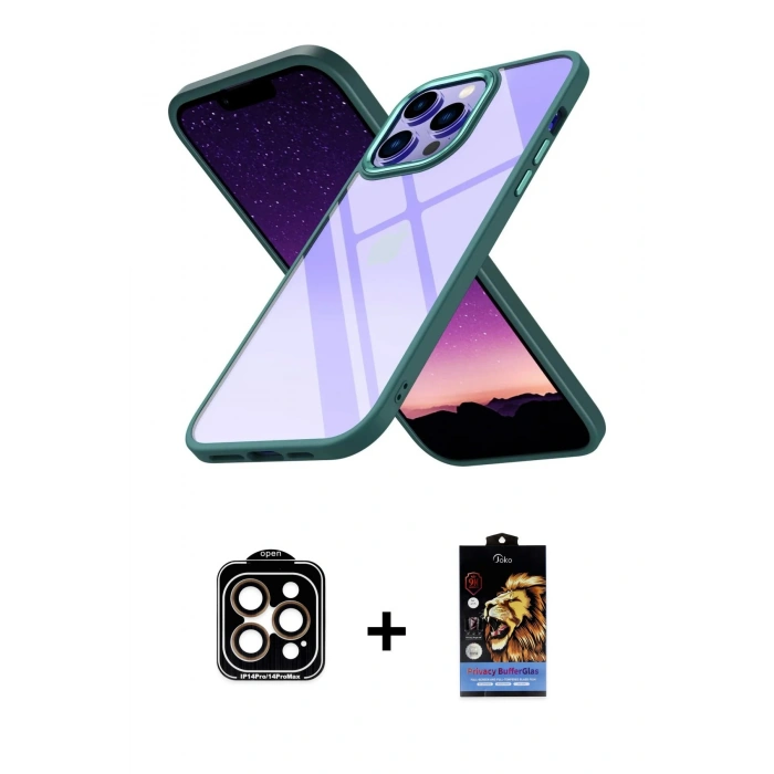 MARSİLYAN™- iPhone 14 Pro Max Kılıf Nova Işık Serisi - Siyah Buffer Hayalet Cam Ekran Koruyucu + PVD Metal Kamera Lens - TU