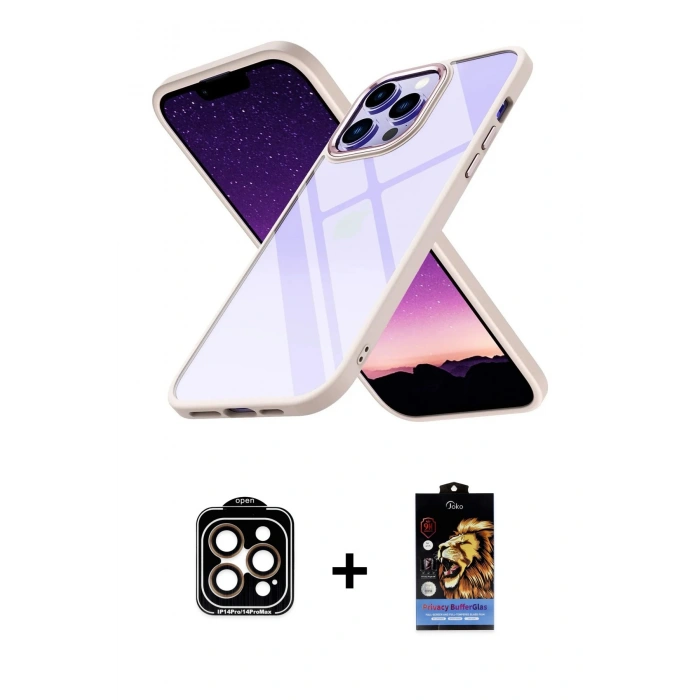 MARSİLYAN™- iPhone 14 Pro Max Kılıf Nova Işık Serisi - Siyah Buffer Hayalet Cam Ekran Koruyucu + PVD Metal Kamera Lens - TU