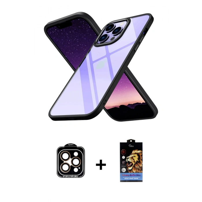 MARSİLYAN™- iPhone 14 Pro Max Kılıf Nova Işık Serisi - Siyah Buffer Hayalet Cam Ekran Koruyucu + PVD Metal Kamera Lens - TU