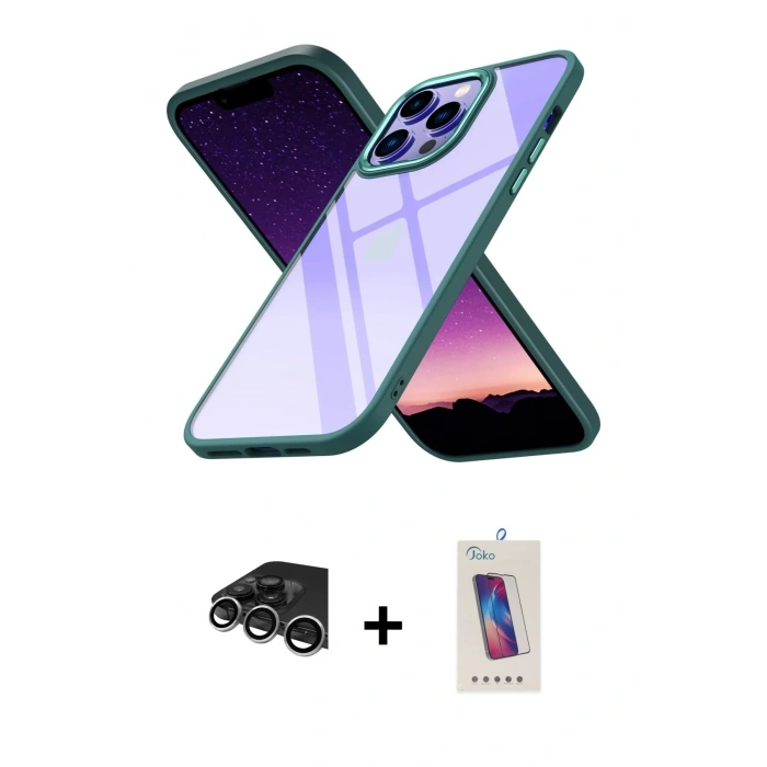MARSİLYAN™- iPhone 14 Pro Max Kılıf Nova Işık Serisi - Siyah Joko 5D Cam + Gümüş Raze Metal Kamera Lens