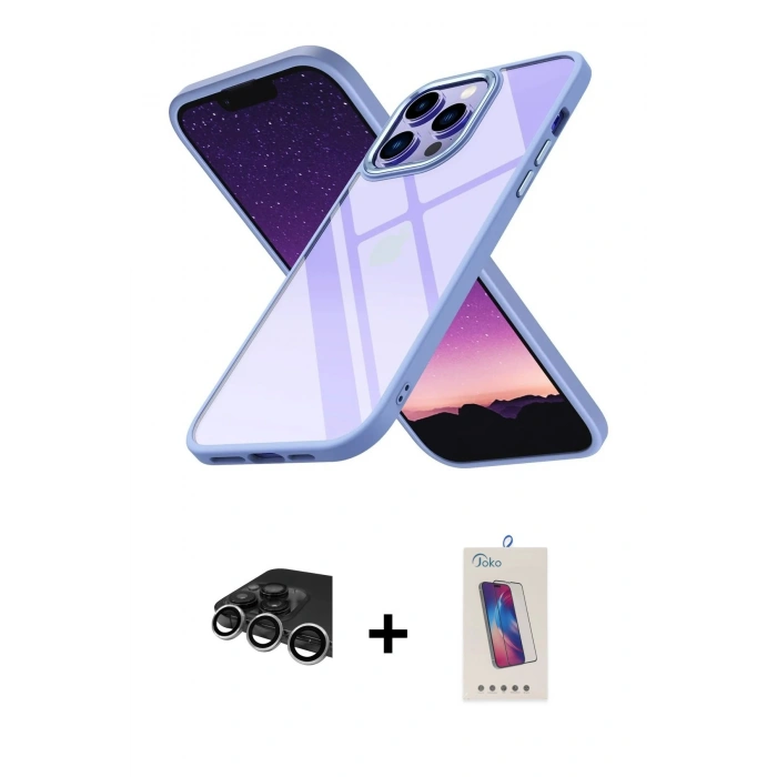 MARSİLYAN™- iPhone 14 Pro Max Kılıf Nova Işık Serisi - Siyah Joko 5D Cam + Gümüş Raze Metal Kamera Lens