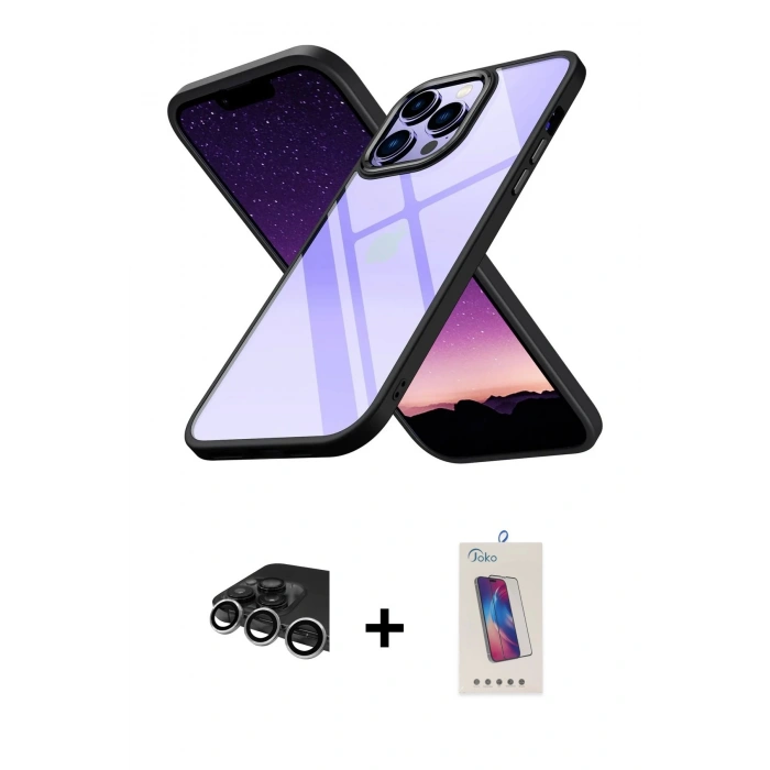 MARSİLYAN™- iPhone 14 Pro Max Kılıf Nova Işık Serisi - Siyah Joko 5D Cam + Gümüş Raze Metal Kamera Lens