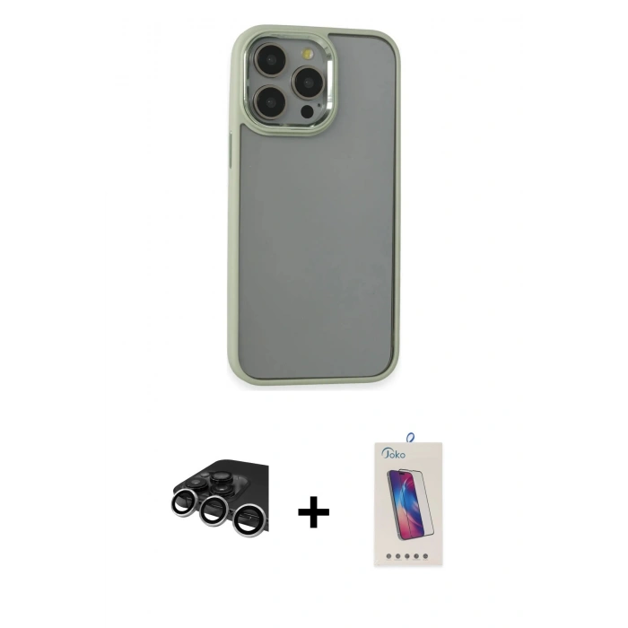 MARSİLYAN™- iPhone 14 Pro Max Kılıf Nova Işık Serisi - Siyah Joko 5D Cam + Gümüş Raze Metal Kamera Lens