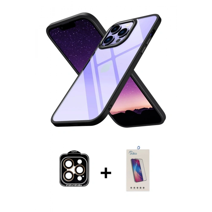 MARSİLYAN™- iPhone 14 Pro Max Kılıf Nova Işık Serisi - Siyah Joko 5D Cam + PVD Metal Kamera Lens - TU