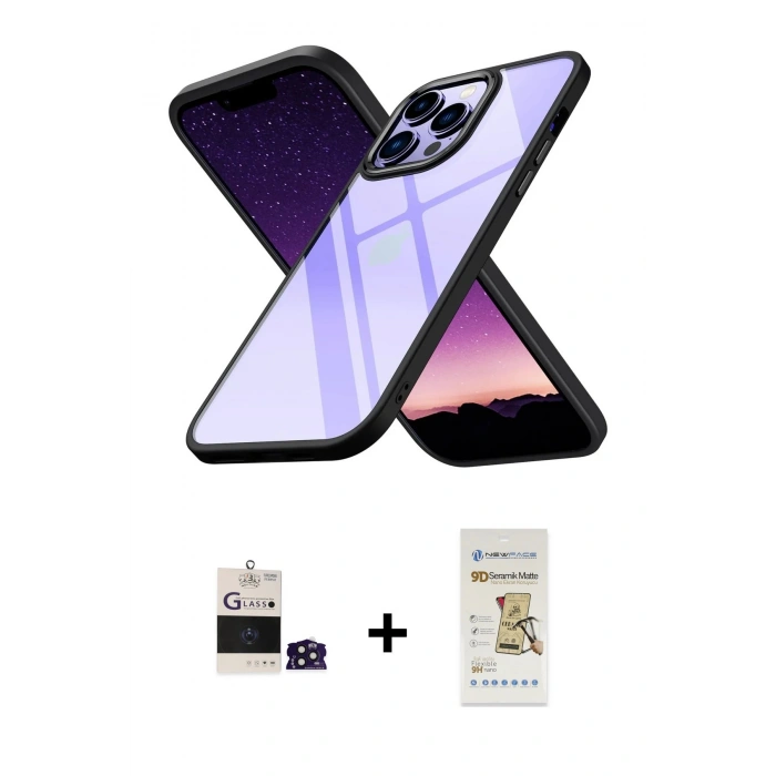 MARSİLYAN™- iPhone 14 Pro Max Kılıf Nova Işık Serisi - Siyah Mat Seramik Nano Ekran Koruyucu + Derin Mor Bilvis Titan Kamera Lens