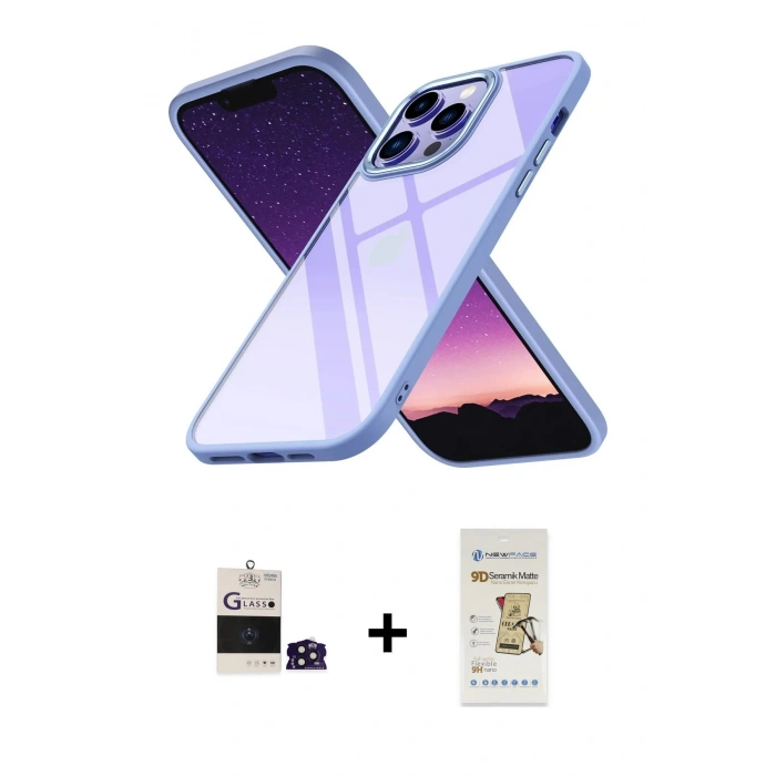 MARSİLYAN™- iPhone 14 Pro Max Kılıf Nova Işık Serisi - Siyah Mat Seramik Nano Ekran Koruyucu + Derin Mor Bilvis Titan Kamera Lens