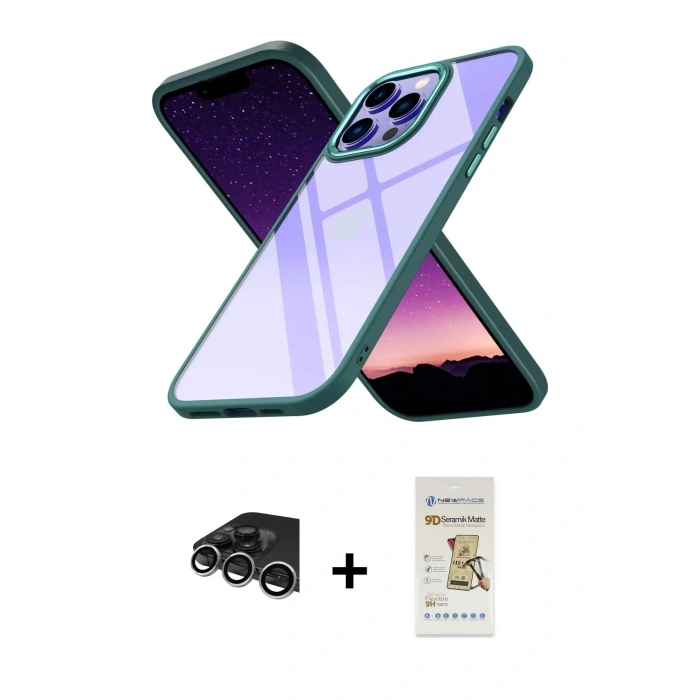 MARSİLYAN™- iPhone 14 Pro Max Kılıf Nova Işık Serisi - Siyah Mat Seramik Nano Ekran Koruyucu + Raze Metal Kamera Lens - GS