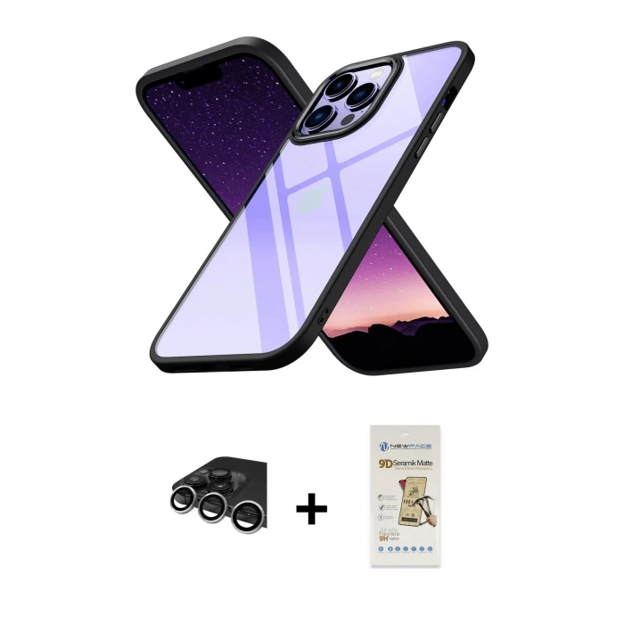 MARSİLYAN™- iPhone 14 Pro Max Kılıf Nova Işık Serisi - Siyah Mat Seramik Nano Ekran Koruyucu + Raze Metal Kamera Lens - GS