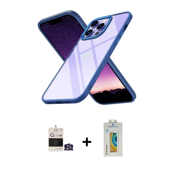 MARSİLYAN™- iPhone 14 Pro Max Kılıf Nova Işık Serisi - Siyah Polymer Nano Ekran Koruyucu + Bilvis Titan Kamera Lens - GS