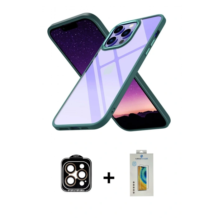 MARSİLYAN™- iPhone 14 Pro Max Kılıf Nova Işık Serisi - Siyah Polymer Nano Ekran Koruyucu + PVD Metal Kamera Lens - TU