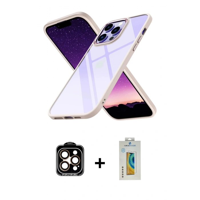MARSİLYAN™- iPhone 14 Pro Max Kılıf Nova Işık Serisi - Siyah Polymer Nano Ekran Koruyucu + PVD Metal Kamera Lens - TU
