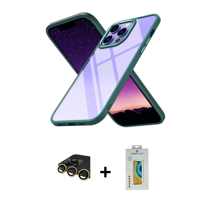 MARSİLYAN™- iPhone 14 Pro Max Kılıf Nova Işık Serisi - Siyah Polymer Nano Ekran Koruyucu + Raze Metal Kamera Lens - GD