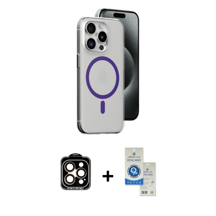MARSİLYAN™- iPhone 14 Pro Max Kılıf Odak Form Özel Seri - Şeffaf Royal Nano Ekran Koruyucu + Turuncu PVD Metal Kamera Lens