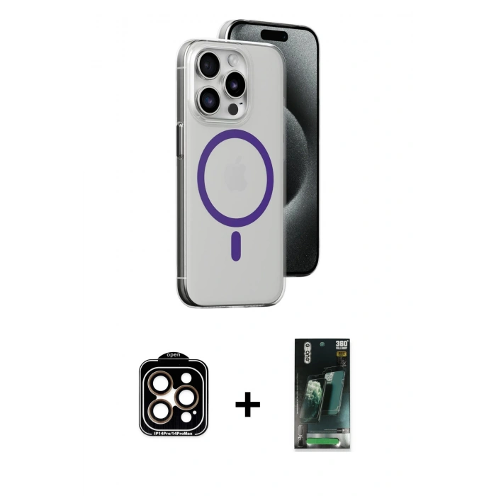 MARSİLYAN™- iPhone 14 Pro Max Kılıf Odak Form Özel Seri - Siyah 360 Mat Full Body Arka Koruyucu + PVD Metal Kamera Lens - TU
