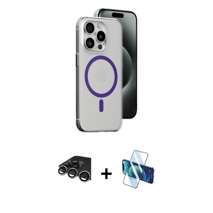 MARSİLYAN™- iPhone 14 Pro Max Kılıf Odak Form Özel Seri - Siyah 3D Antistatik Cam Ekran Koruyucu + Raze Metal Kamera Lens - GS