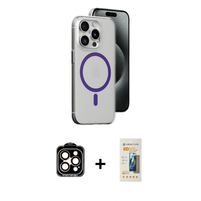 MARSİLYAN™- iPhone 14 Pro Max Kılıf Odak Form Özel Seri - Siyah 6D Mat Seramik Hayalet Nano Ekran Koruyucu + PVD Metal Kamera Lens - TU