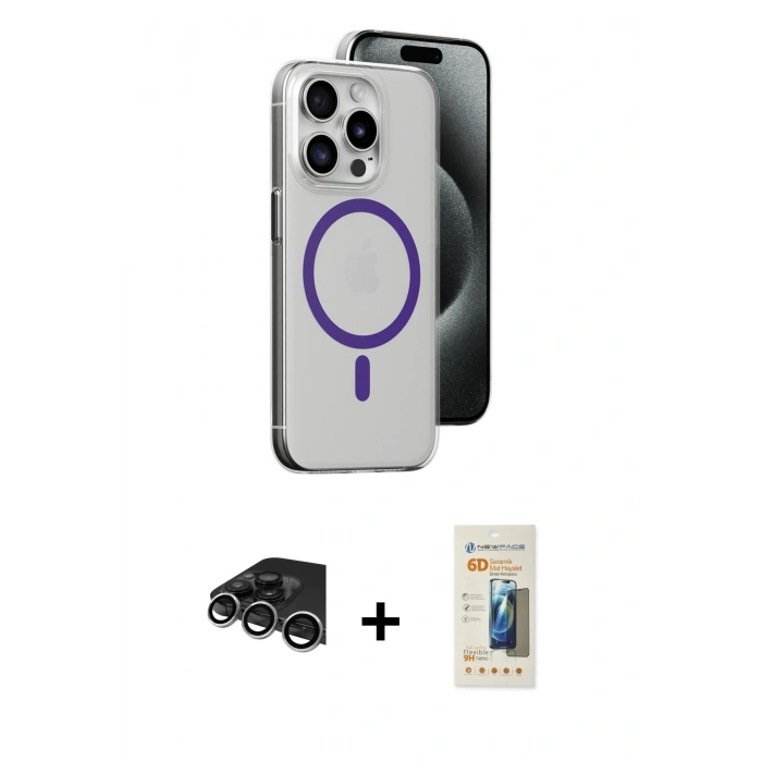 MARSİLYAN™- iPhone 14 Pro Max Kılıf Odak Form Özel Seri - Siyah 6D Mat Seramik Hayalet Nano Ekran Koruyucu + Gümüş Raze Metal Kamera Lens