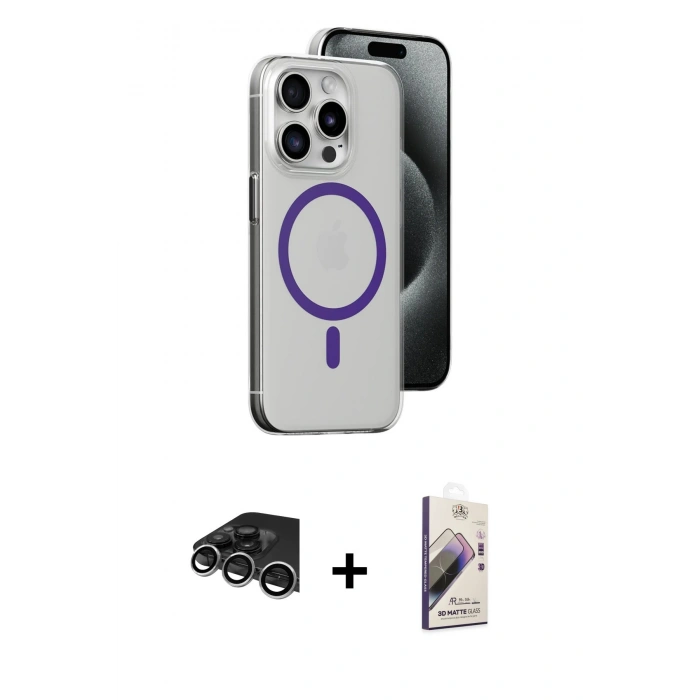 MARSİLYAN™- iPhone 14 Pro Max Kılıf Odak Form Özel Seri - Siyah Bilvis 3D Mat Cam Ekran Koruyucu + Raze Metal Kamera Lens - GS