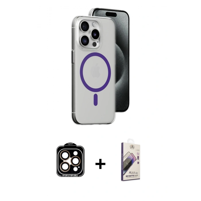 MARSİLYAN™- iPhone 14 Pro Max Kılıf Odak Form Özel Seri - Siyah Bilvis 3D Mat Cam Ekran Koruyucu + PVD Metal Kamera Lens - TU