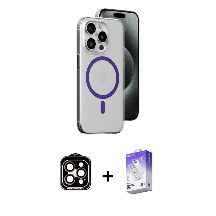 MARSİLYAN™- iPhone 14 Pro Max Kılıf Odak Form Özel Seri - Siyah Bilvis 5in1 3D Magic Cam Ekran Koruyucu + PVD Metal Kamera Lens - TU