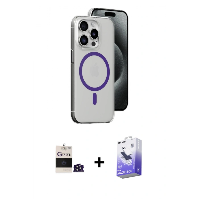 MARSİLYAN™- iPhone 14 Pro Max Kılıf Odak Form Özel Seri - Siyah Bilvis 5in1 5D Magic Hayalet Cam Ekran Koruyucu + Derin Mor Bilvis Titan Kamera Lens