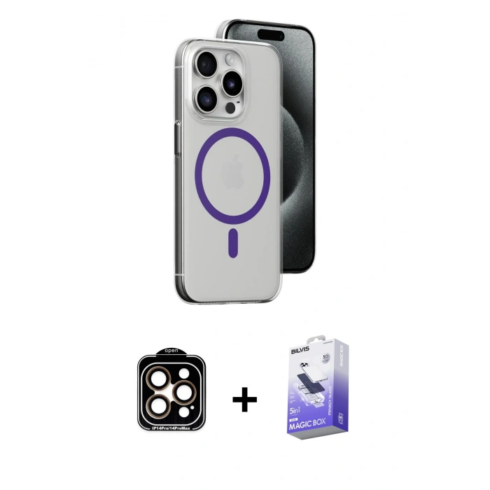 MARSİLYAN™- iPhone 14 Pro Max Kılıf Odak Form Özel Seri - Siyah Bilvis 5in1 5D Magic Hayalet Cam Ekran Koruyucu + PVD Metal Kamera Lens - TU