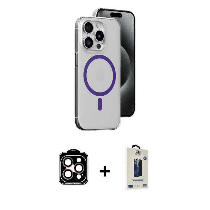 MARSİLYAN™- iPhone 14 Pro Max Kılıf Odak Form Özel Seri - Siyah Bilvis Hayalet Cam Ekran Koruyucu + PVD Metal Kamera Lens - TU