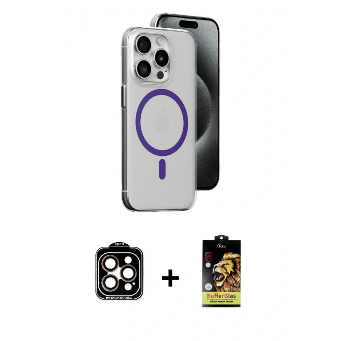 MARSİLYAN™- iPhone 14 Pro Max Kılıf Odak Form Özel Seri - Siyah Buffer Cam Ekran Koruyucu + Turuncu PVD Metal Kamera Lens