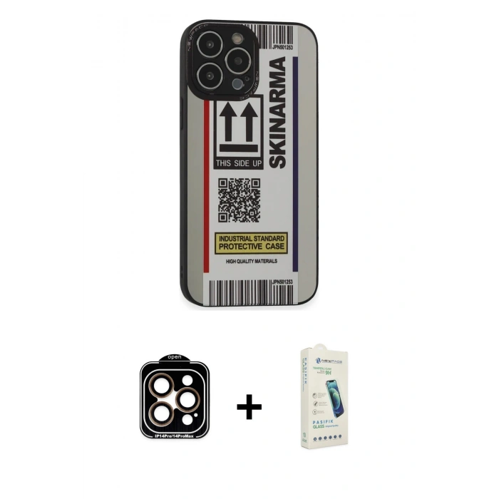 MARSİLYAN™- iPhone 14 Pro Max Kılıf Odak Klasik Serisi - Şeffaf Pasifik Cam Ekran Koruyucu + Turuncu PVD Metal Kamera Lens