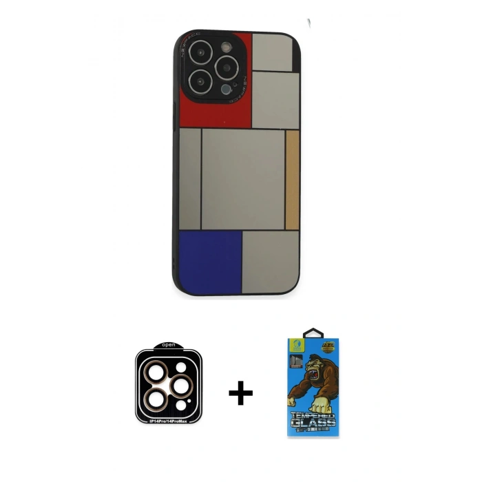 MARSİLYAN™- iPhone 14 Pro Max Kılıf Odak Klasik Serisi - Siyah 18D Cam Ekran Koruyucu + PVD Metal Kamera Lens - TU