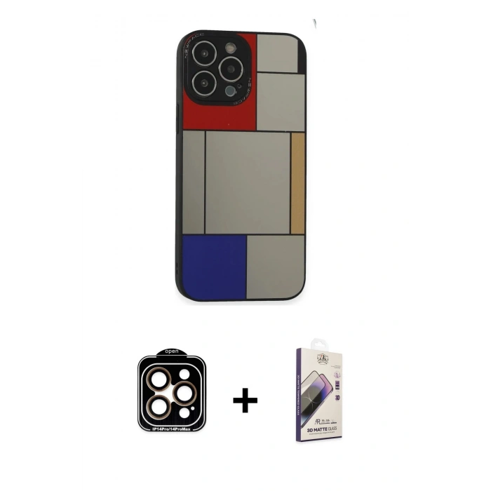 MARSİLYAN™- iPhone 14 Pro Max Kılıf Odak Klasik Serisi - Siyah Bilvis 3D Mat Cam Ekran Koruyucu + Turuncu PVD Metal Kamera Lens