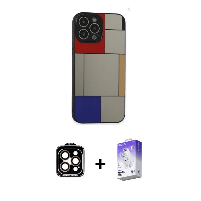 MARSİLYAN™- iPhone 14 Pro Max Kılıf Odak Klasik Serisi - Siyah Bilvis 5in1 3D Magic Cam Ekran Koruyucu + PVD Metal Kamera Lens - TU