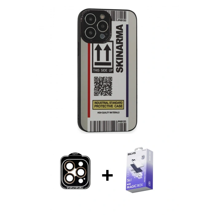 MARSİLYAN™- iPhone 14 Pro Max Kılıf Odak Klasik Serisi - Siyah Bilvis 5in1 5D Magic Hayalet Cam Ekran Koruyucu + PVD Metal Kamera Lens - TU