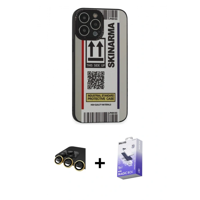 MARSİLYAN™- iPhone 14 Pro Max Kılıf Odak Klasik Serisi - Siyah Bilvis 5in1 5D Magic Hayalet Cam Ekran Koruyucu + Gold Raze Metal Kamera Lens